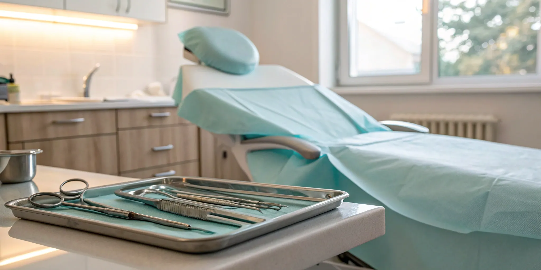 Sterilized instruments in a dental office ready for an emergency root canal.